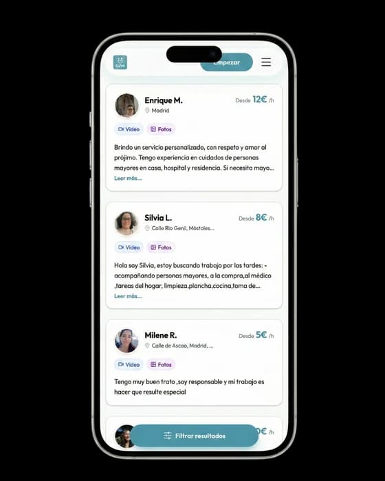 Cuibo en móvil, marketplace con matching algorítmico