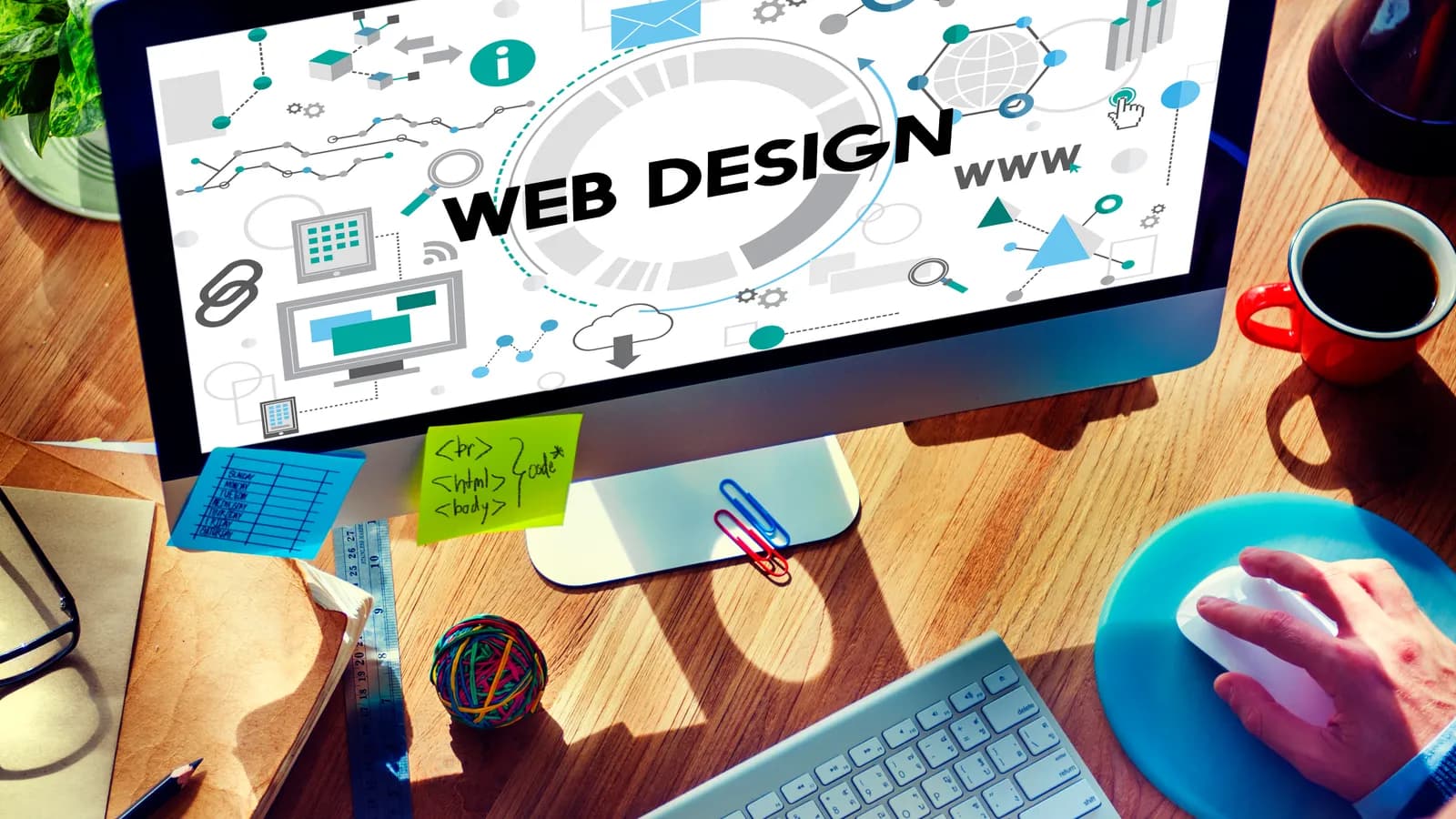 Pantalla de un ordenador con un tablero de ideas de diseño web, en una mesa de trabajo