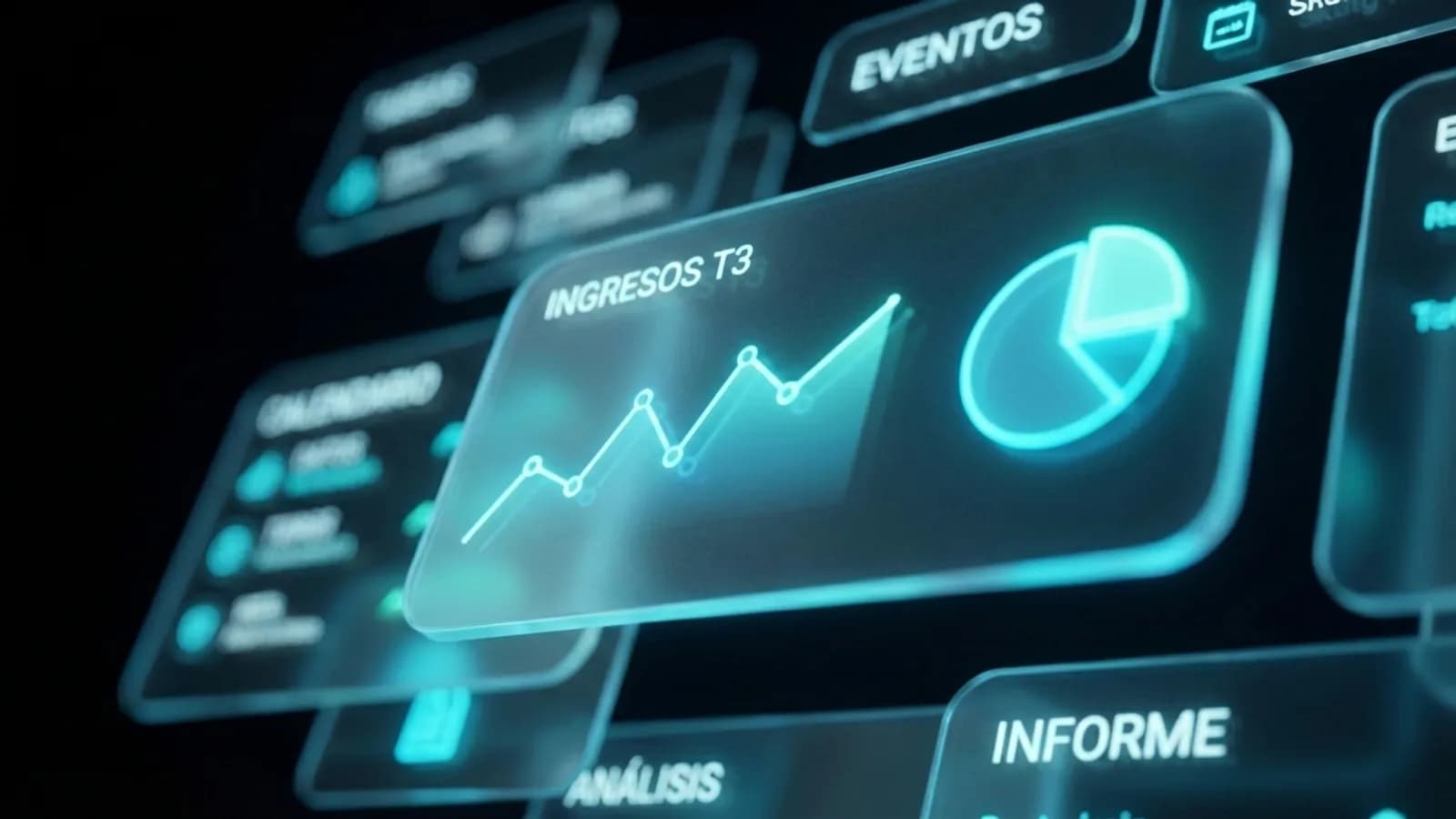 Paneles oscuros de una herramienta de analítica con métricas de ingresos, eventos e informes en español
