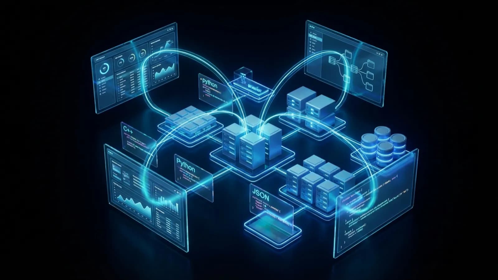 Recreación de sistemas conectados entre sí: servidores, paneles de datos y bloques de código enlazados