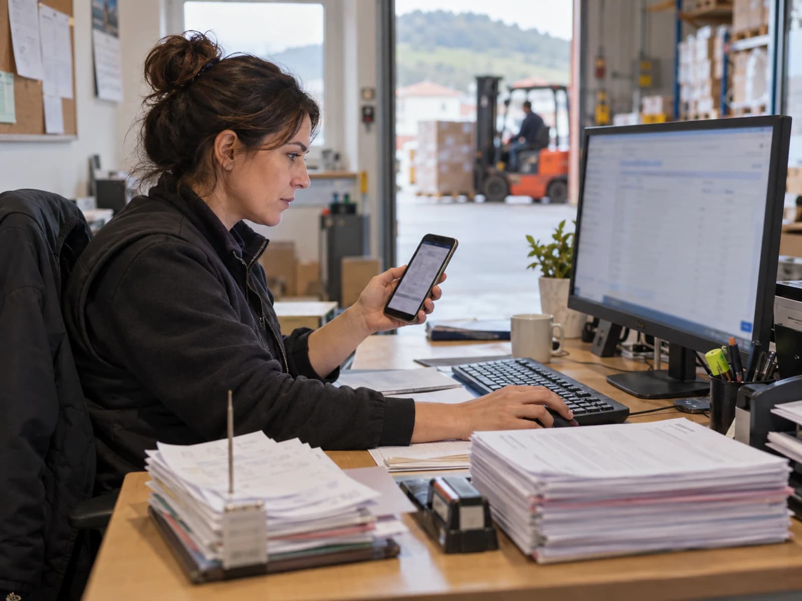 Administrativa de una empresa de distribución comprobando en pantalla un pedido que ha llegado por el móvil, con albaranes en papel sobre la mesa.