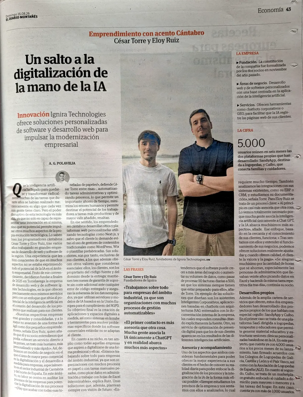 Página 43 de la sección de Economía de El Diario Montañés del domingo 16 de agosto de 2026, con el reportaje "Un salto a la digitalización de la mano de la IA" sobre Ignira Technologies y una foto de César Torre y Eloy Ruiz